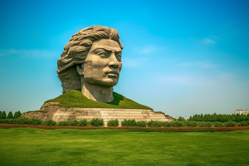 石刻石雕蓝天白云绿色植物凝望远方,高清,摄影图,摄影图片,图片大全,摄影图免费下载